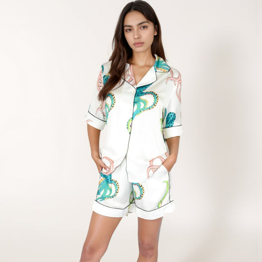 Short Sleeve Button Front Satin Pajama Set with Ocean Print Design