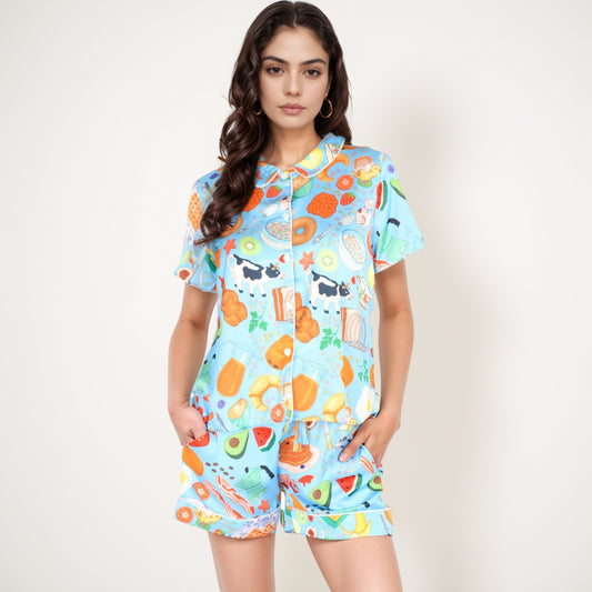 Breakfast Print Pajama Set with Short Sleeve Button-Up Top and Elastic Waist Shorts Two-Piece Sleepwear