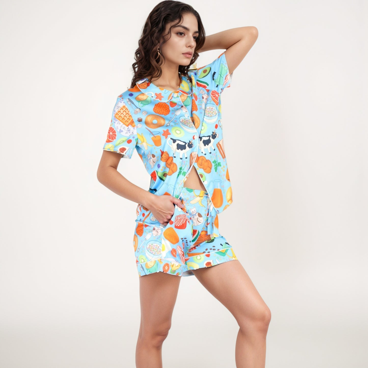 Breakfast Print Pajama Set with Short Sleeve Button-Up Top and Elastic Waist Shorts Two-Piece Sleepwear