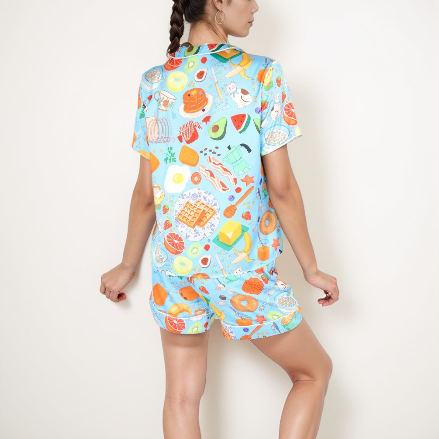 Breakfast Print Pajama Set with Short Sleeve Button-Up Top and Elastic Waist Shorts Two-Piece Sleepwear