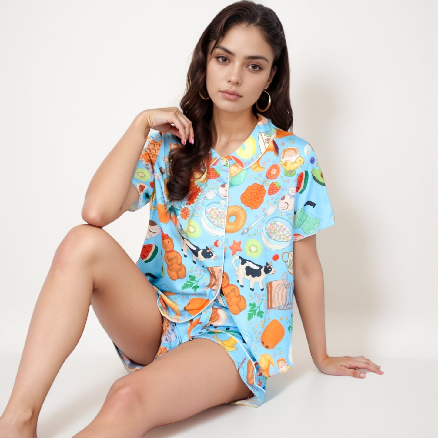 Breakfast Print Pajama Set with Short Sleeve Button-Up Top and Elastic Waist Shorts Two-Piece Sleepwear