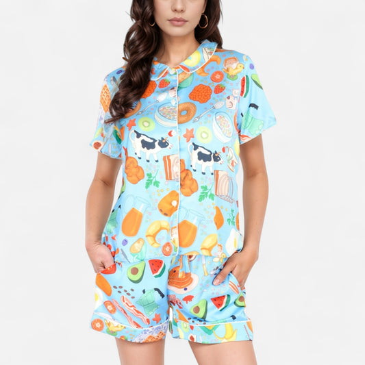 Breakfast Print Pajama Set with Short Sleeve Button-Up Top and Elastic Waist Shorts Two-Piece Sleepwear