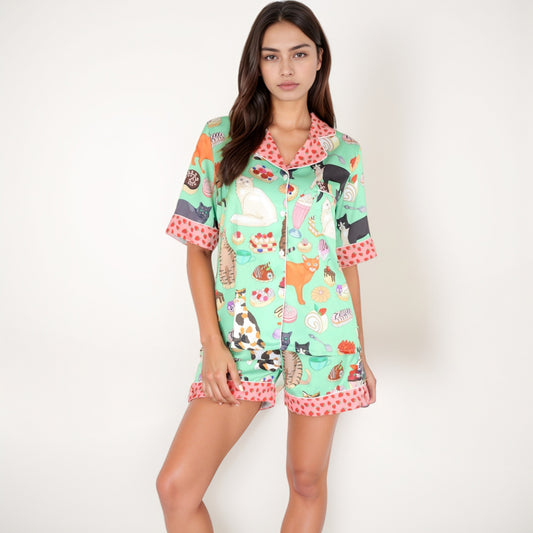 Cat and Dessert Print Pajama Set with Short Sleeve Button-Up Top and Strawberry Trim Shorts