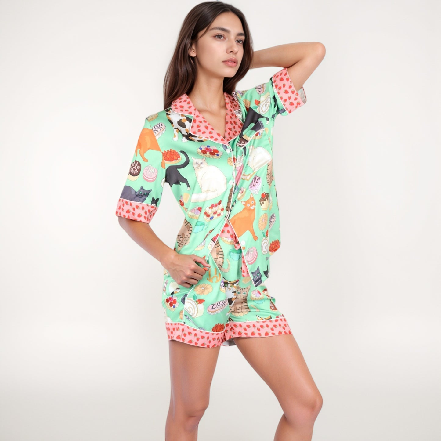 Cat and Dessert Print Pajama Set with Short Sleeve Button-Up Top and Strawberry Trim Shorts