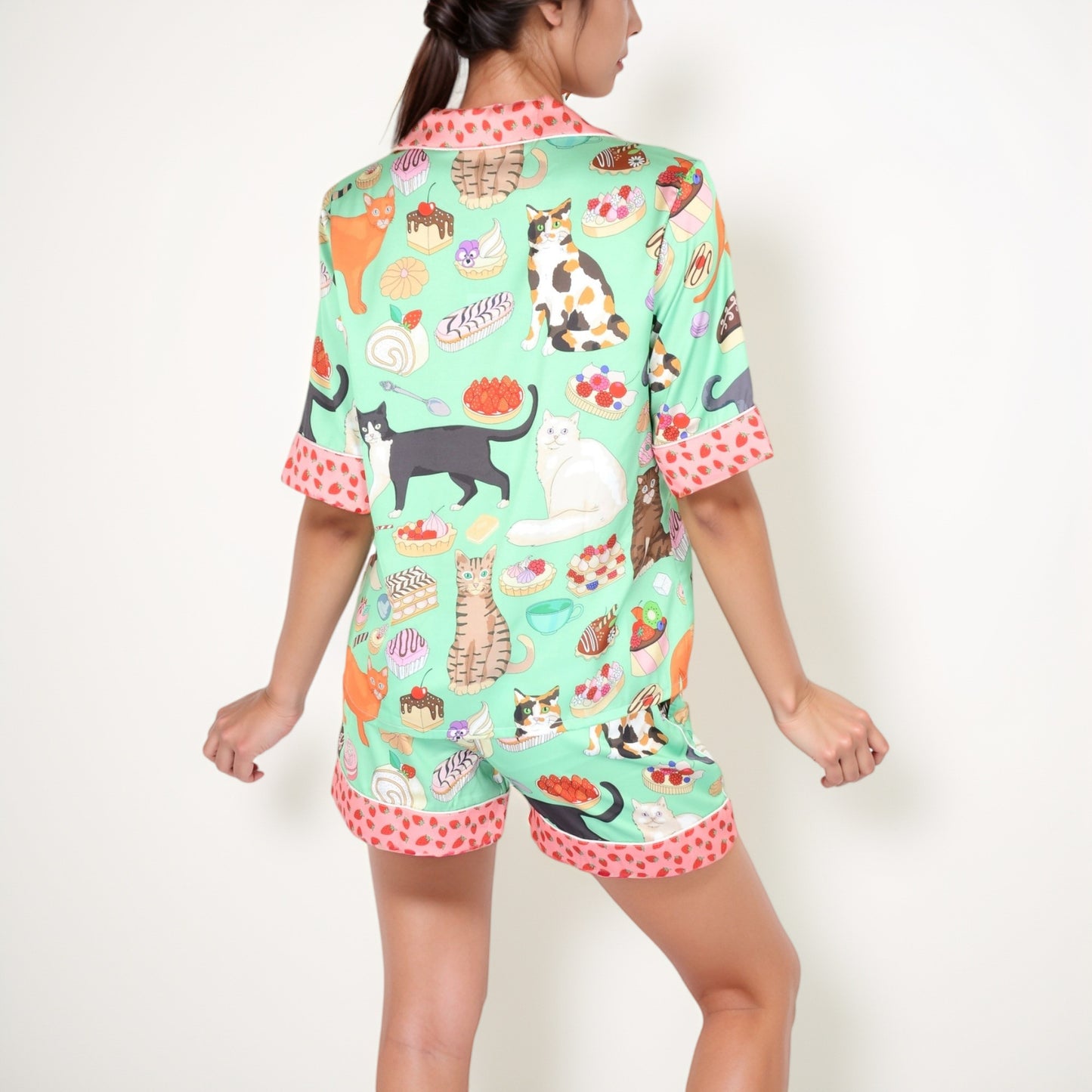 Cat and Dessert Print Pajama Set with Short Sleeve Button-Up Top and Strawberry Trim Shorts