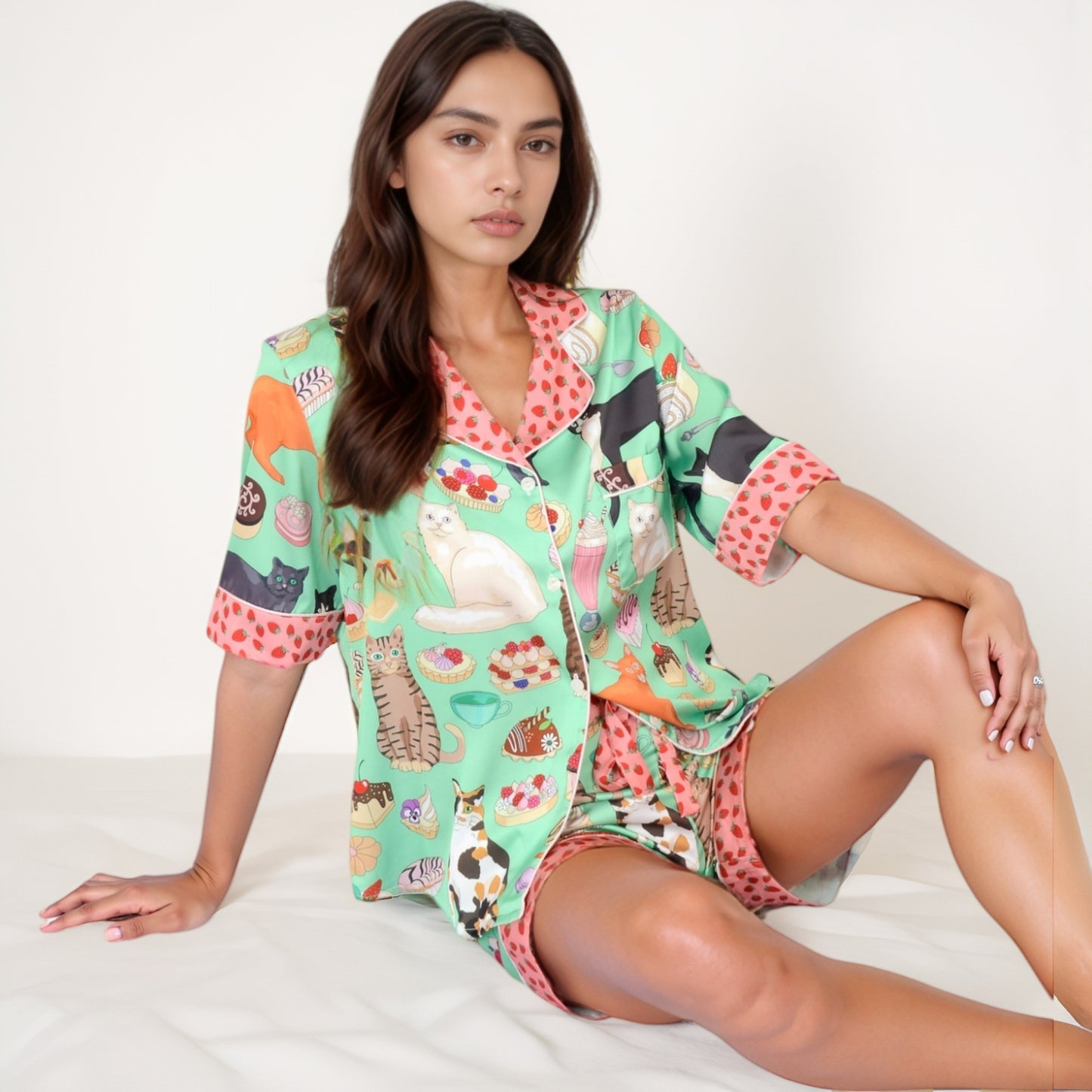Cat and Dessert Print Pajama Set with Short Sleeve Button-Up Top and Strawberry Trim Shorts