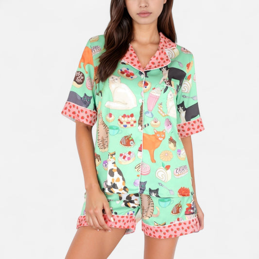 Cat and Dessert Print Pajama Set with Short Sleeve Button-Up Top and Strawberry Trim Shorts