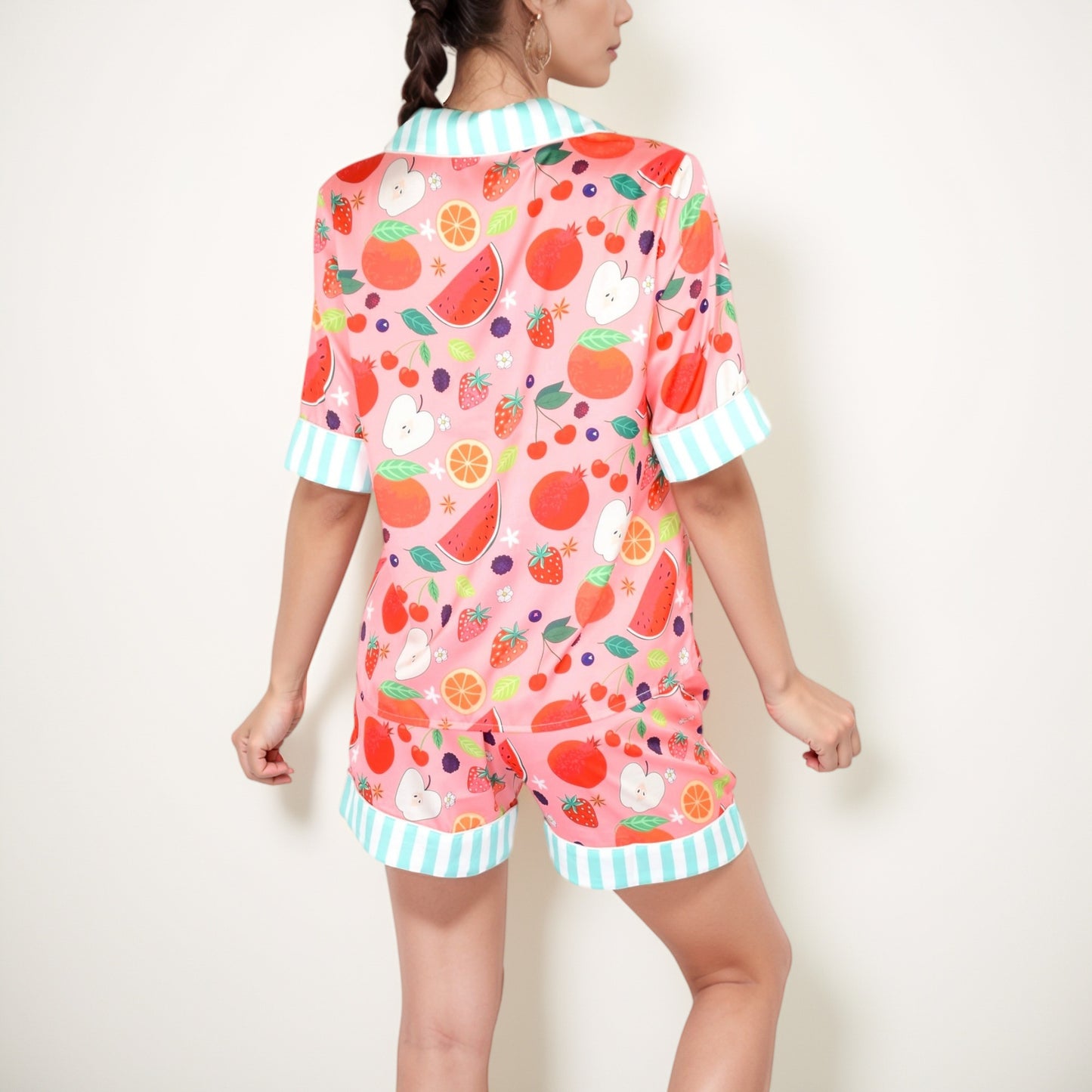 Colorful Fruit Print Pajama Set with Short Sleeve Button-Up Top and Striped Trim Shorts