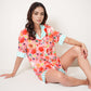 Colorful Fruit Print Pajama Set with Short Sleeve Button-Up Top and Striped Trim Shorts