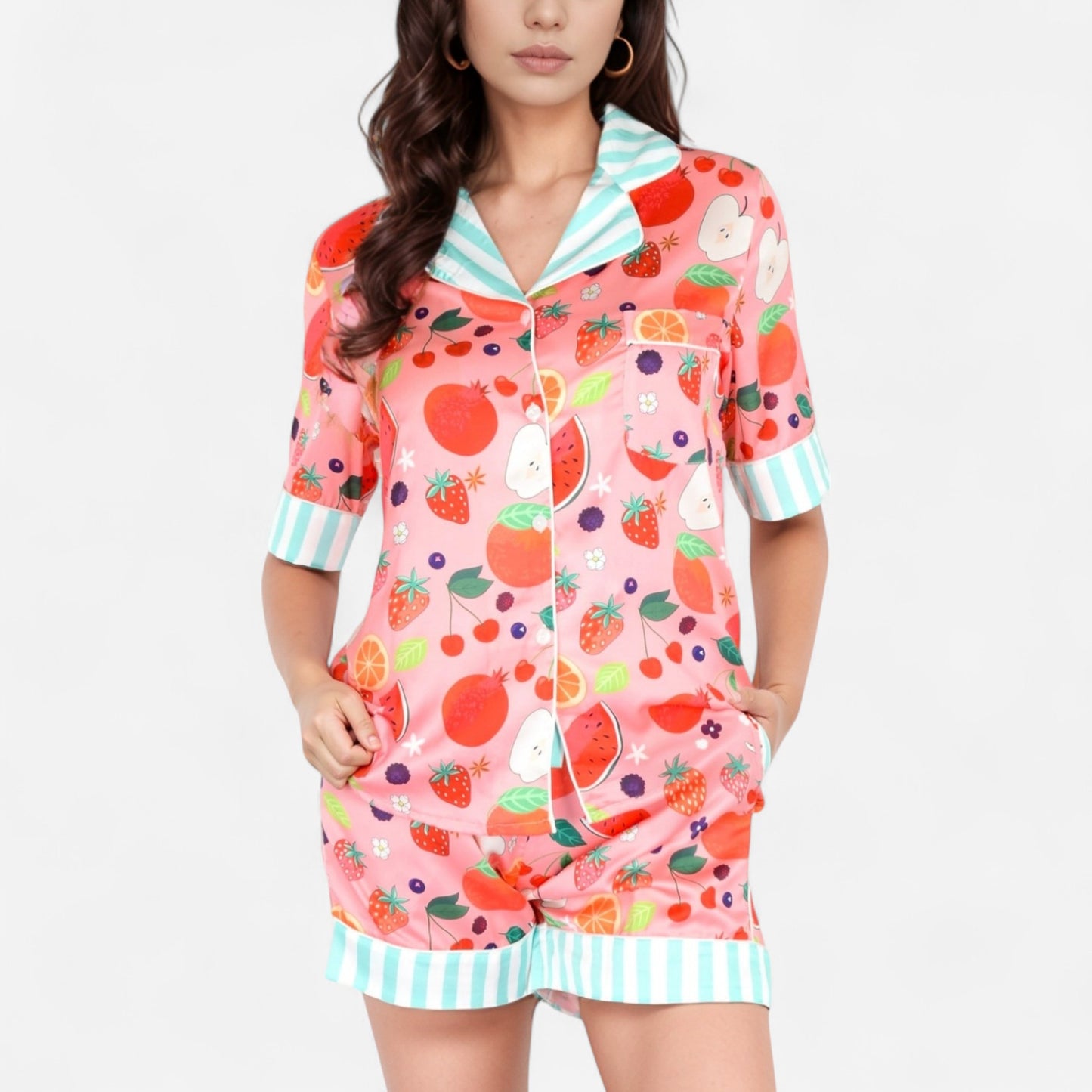 Colorful Fruit Print Pajama Set with Short Sleeve Button-Up Top and Striped Trim Shorts