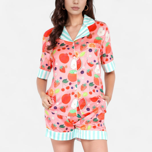 Colorful Fruit Print Pajama Set with Short Sleeve Button-Up Top and Striped Trim Shorts