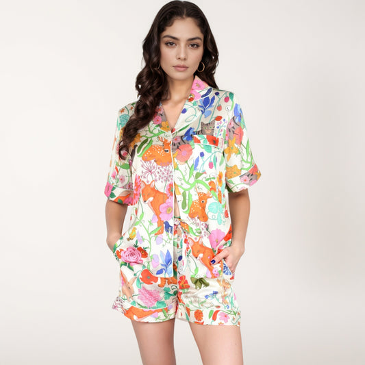 Short Sleeve Button Front Satin Pajama Set with Woodland Print Design
