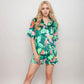 Tropical Bird Print Satin Pajama Set with Short Sleeve Button-Up Top and Relaxed Fit Elastic Waist Shorts