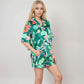 Tropical Bird Print Satin Pajama Set with Short Sleeve Button-Up Top and Relaxed Fit Elastic Waist Shorts