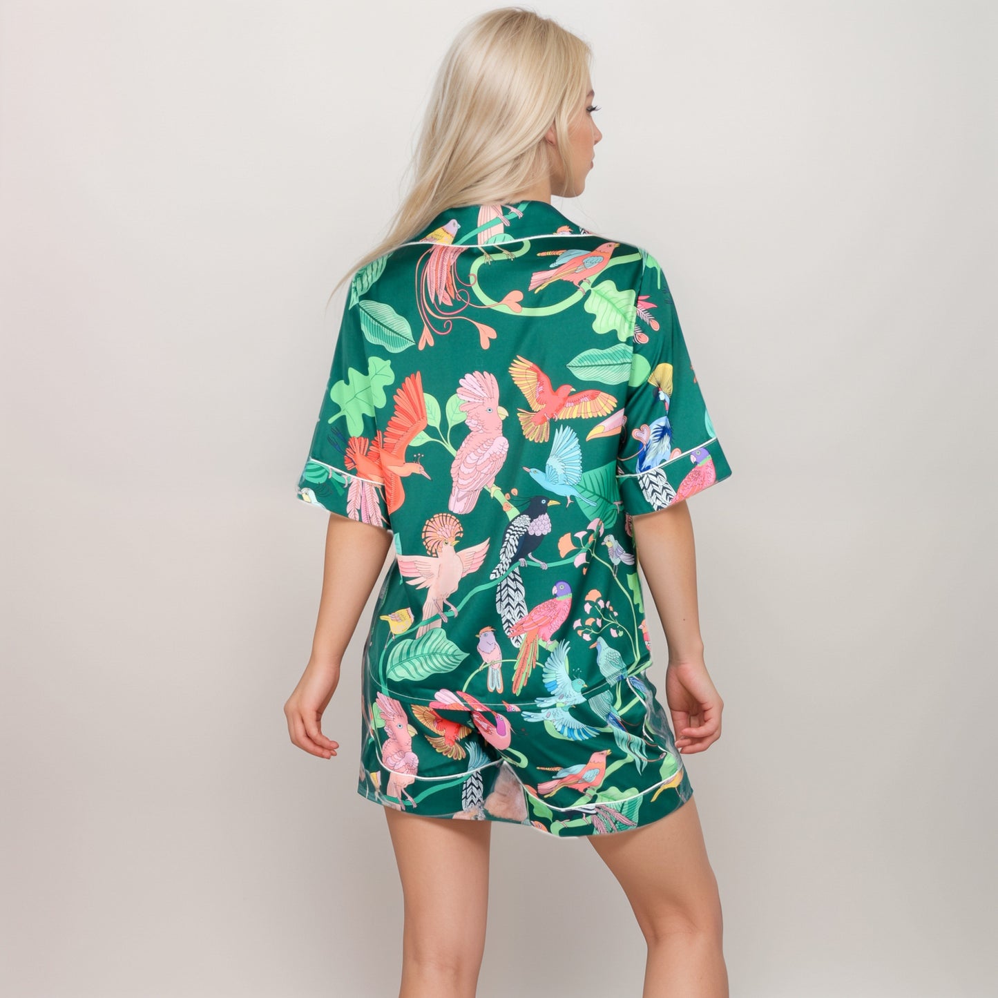 Tropical Bird Print Satin Pajama Set with Short Sleeve Button-Up Top and Relaxed Fit Elastic Waist Shorts