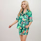 Tropical Bird Print Satin Pajama Set with Short Sleeve Button-Up Top and Relaxed Fit Elastic Waist Shorts