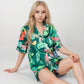 Tropical Bird Print Satin Pajama Set with Short Sleeve Button-Up Top and Relaxed Fit Elastic Waist Shorts