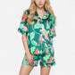Tropical Bird Print Satin Pajama Set with Short Sleeve Button-Up Top and Relaxed Fit Elastic Waist Shorts