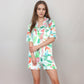 Tropical Bird Print Satin Pajama Set with Short Sleeve Button-Up Top and Relaxed Fit Elastic Waist Shorts
