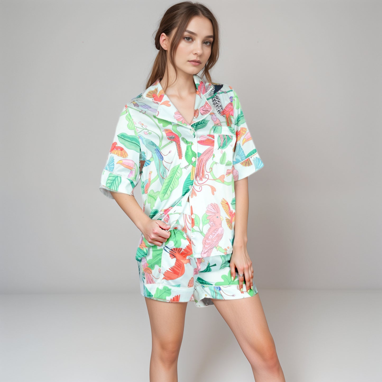 Tropical Bird Print Satin Pajama Set with Short Sleeve Button-Up Top and Relaxed Fit Elastic Waist Shorts