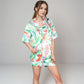 Tropical Bird Print Satin Pajama Set with Short Sleeve Button-Up Top and Relaxed Fit Elastic Waist Shorts