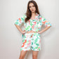 Tropical Bird Print Satin Pajama Set with Short Sleeve Button-Up Top and Relaxed Fit Elastic Waist Shorts