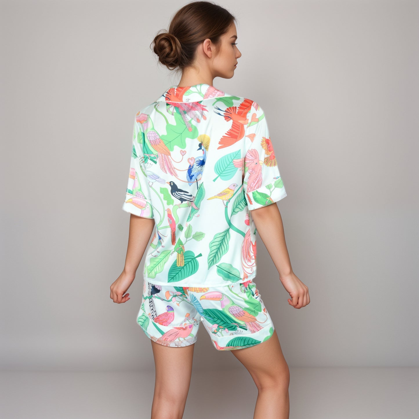 Tropical Bird Print Satin Pajama Set with Short Sleeve Button-Up Top and Relaxed Fit Elastic Waist Shorts