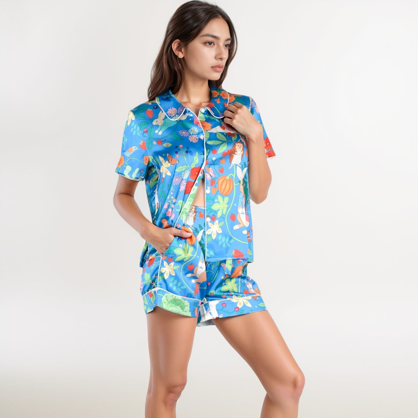 Whimsical Garden Animal Print Pajama Set with Short Sleeve Button-Up Top and Matching Shorts