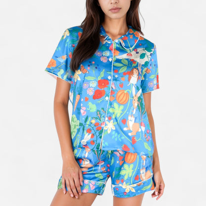 Whimsical Garden Animal Print Pajama Set with Short Sleeve Button-Up Top and Matching Shorts