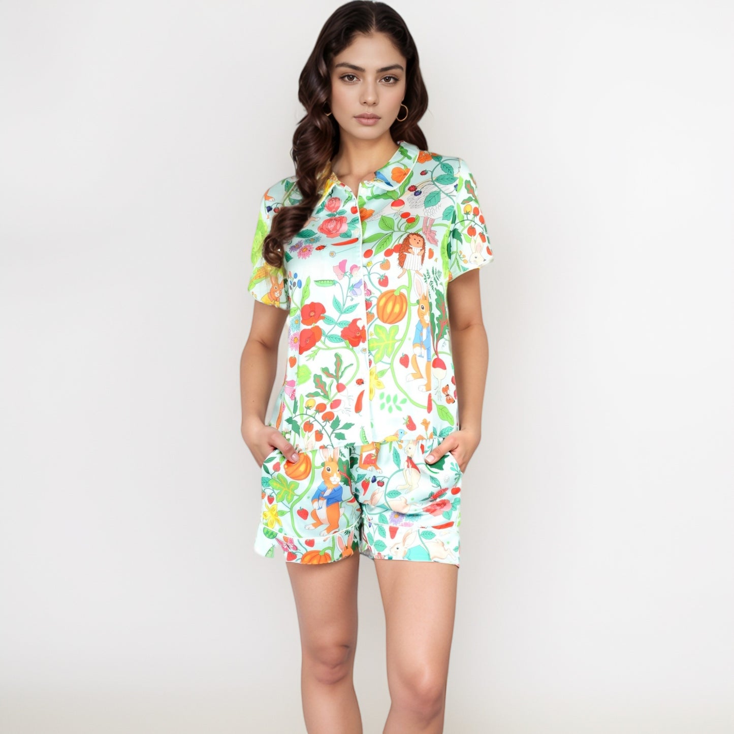 Whimsical Garden Animal Print Pajama Set with Short Sleeve Button-Up Top and Matching Shorts