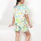 Whimsical Garden Animal Print Pajama Set with Short Sleeve Button-Up Top and Matching Shorts