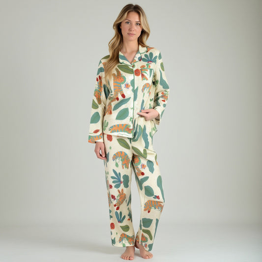 Lounge Women's Long Sleeve Button-Up Jungle Print Pajama Set with Chest Pocket and Matching Pants