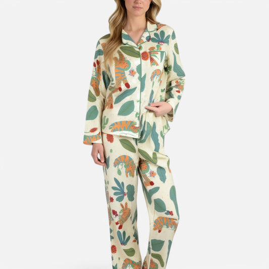 Lounge Women's Long Sleeve Button-Up Jungle Print Pajama Set with Chest Pocket and Matching Pants