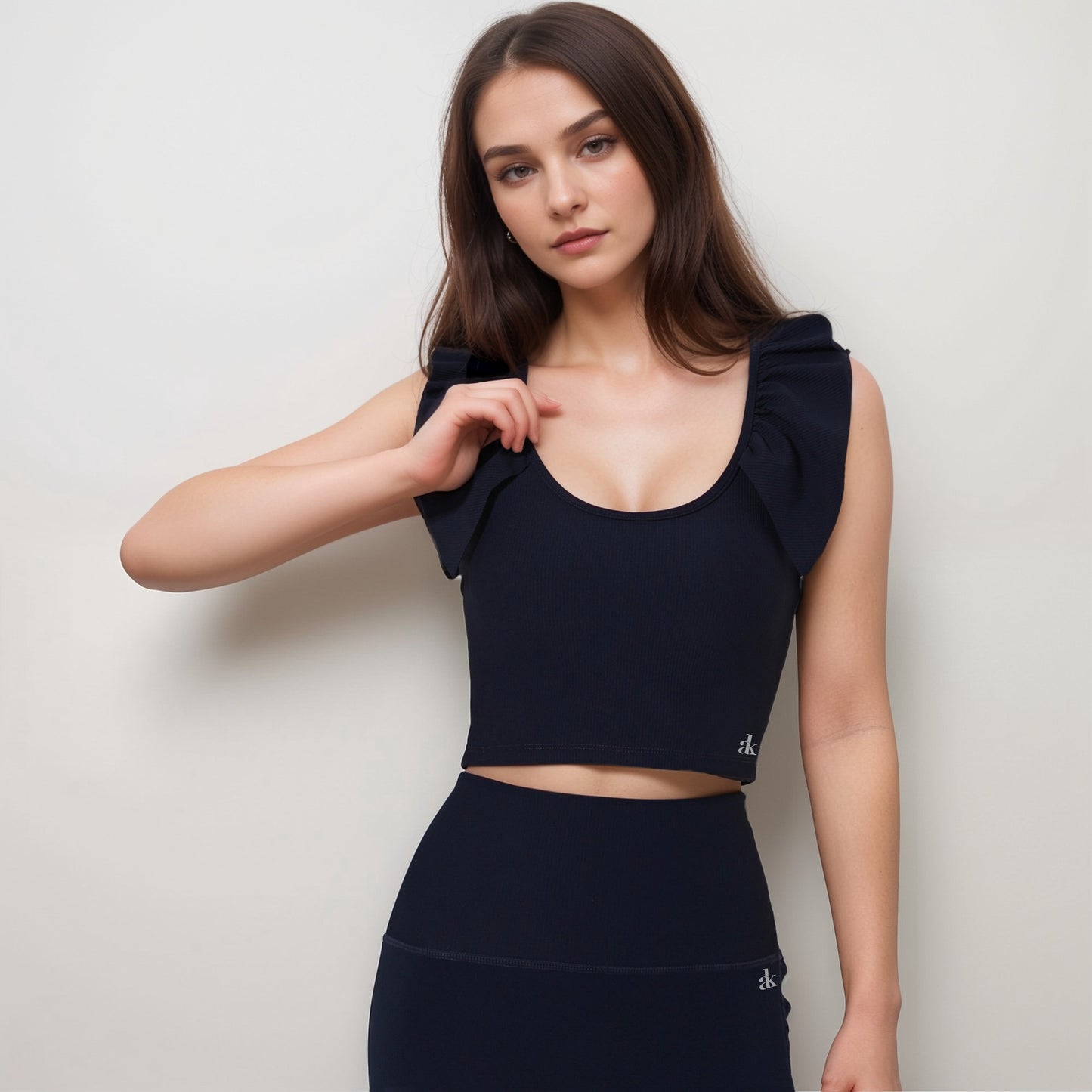 Active Women's Ribbed Scoop Neck Crop Top with Flutter Shoulder Details and Seamless Fitted Design