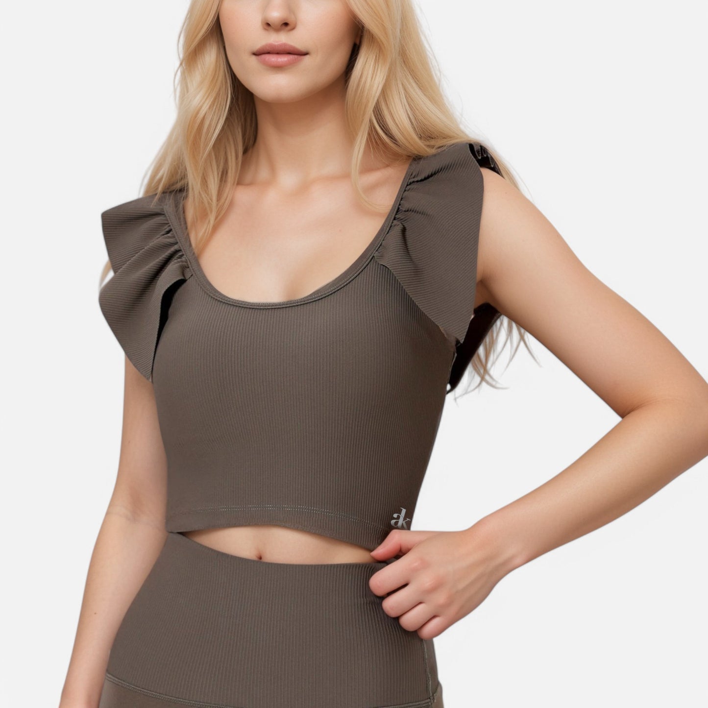 Active Women's Ribbed Scoop Neck Crop Top with Flutter Shoulder Details and Seamless Fitted Design