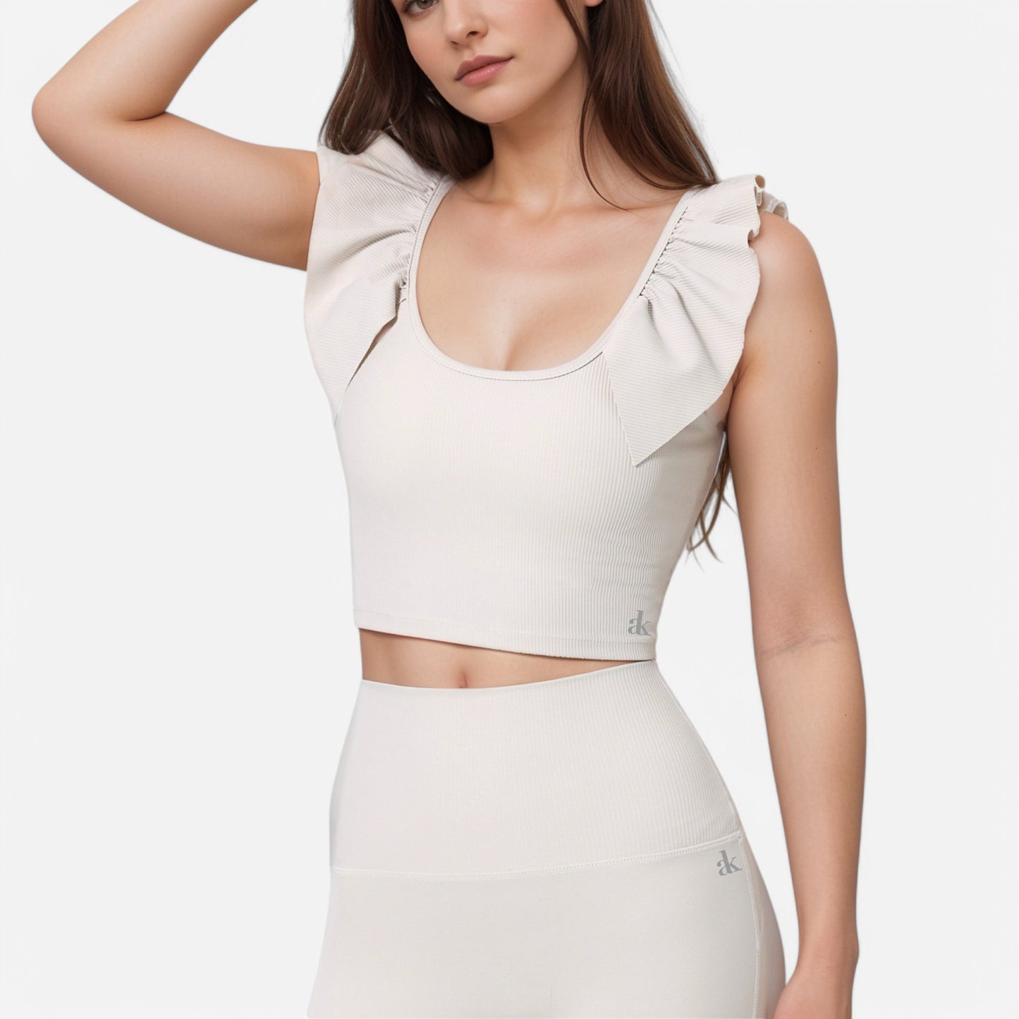 Active Women's Ribbed Scoop Neck Crop Top with Flutter Shoulder Details and Seamless Fitted Design