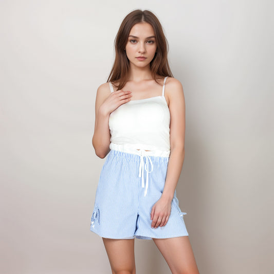 Striped High Waist Shorts with Ruffle Paperbag Waistband Adjustable Drawstring and Side Bow Details