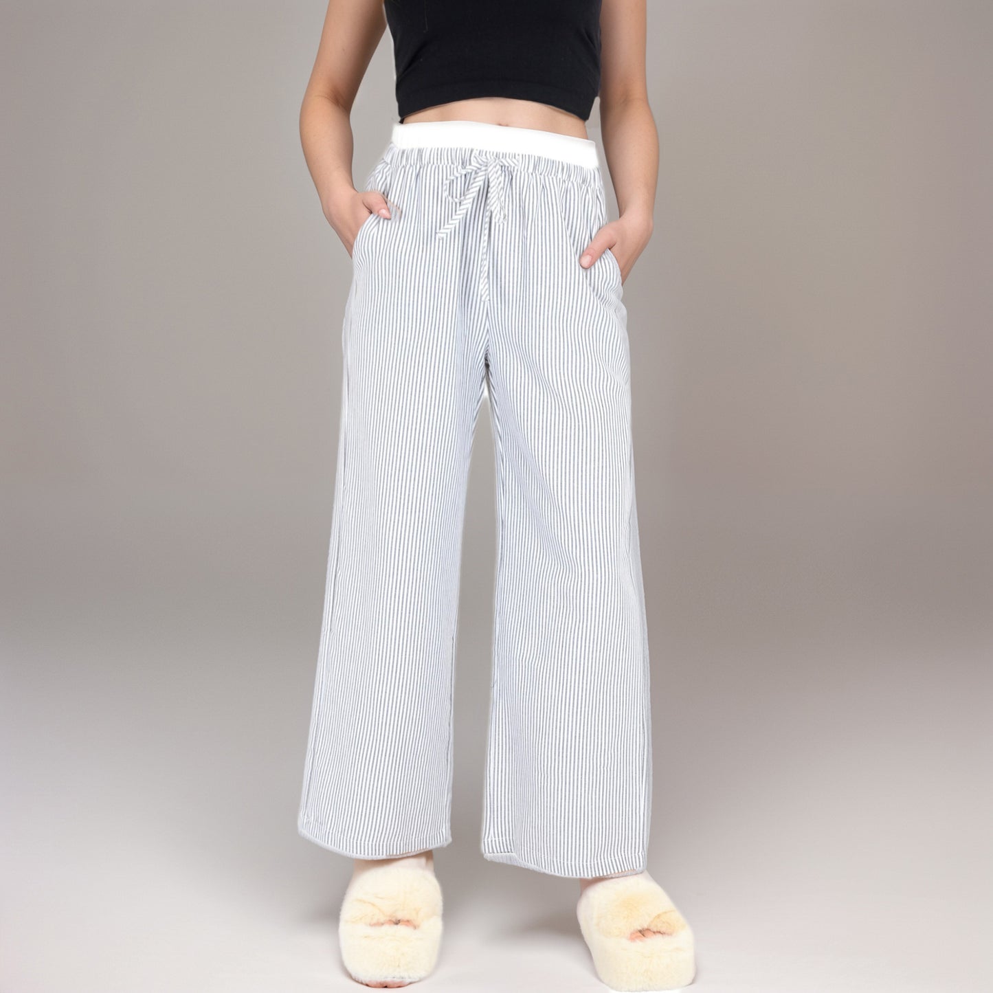 Striped Wide Leg Lounge Pants with Elastic Waistband Adjustable Drawstring and Relaxed Full-Length Fit