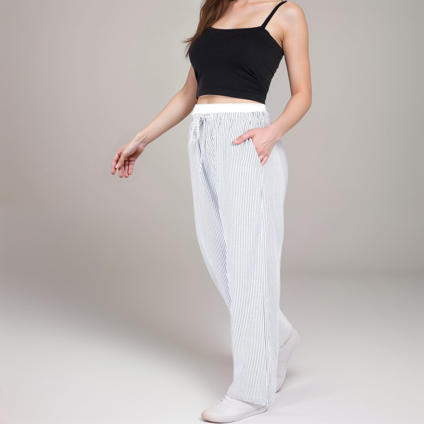 Striped Wide Leg Lounge Pants with Elastic Waistband Adjustable Drawstring and Relaxed Full-Length Fit