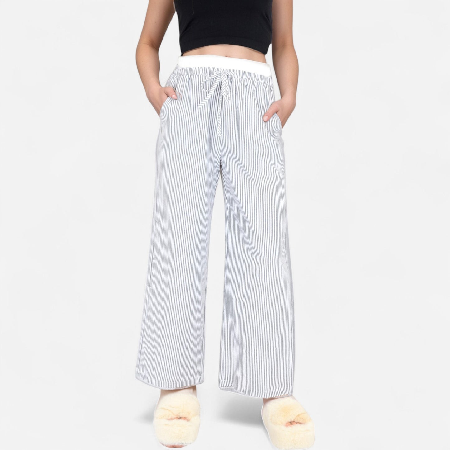 Striped Wide Leg Lounge Pants with Elastic Waistband Adjustable Drawstring and Relaxed Full-Length Fit