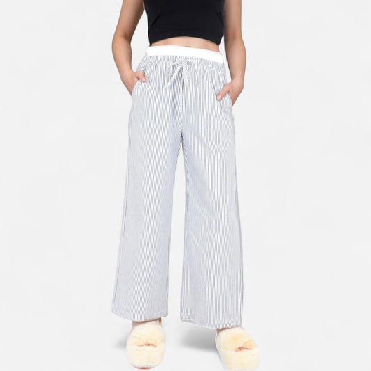 Striped Wide Leg Lounge Pants with Elastic Waistband Adjustable Drawstring and Relaxed Full-Length Fit