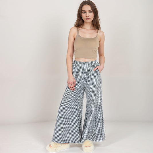 Gingham Wide Leg Lounge Pants with Elastic Waistband Side Pockets and Soft Draped Full-Length Fit