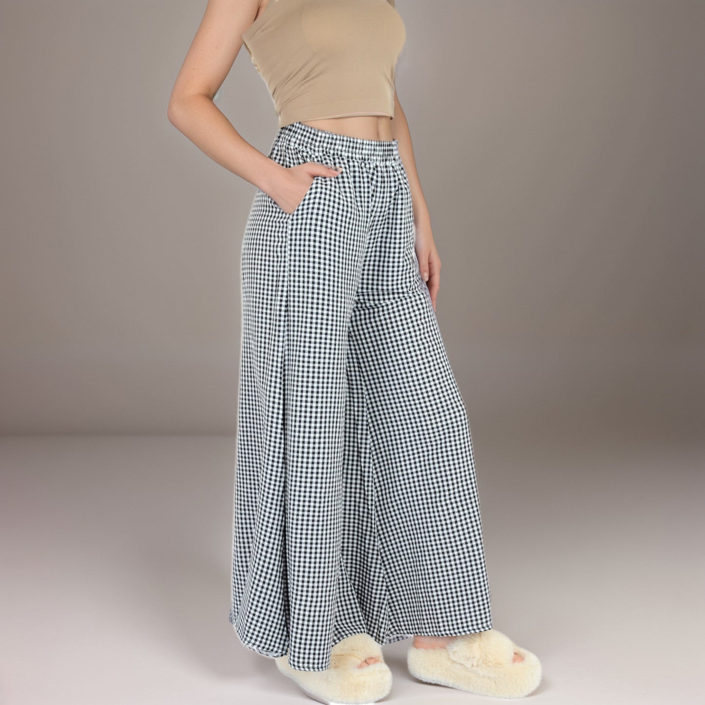 Gingham Wide Leg Lounge Pants with Elastic Waistband Side Pockets and Soft Draped Full-Length Fit