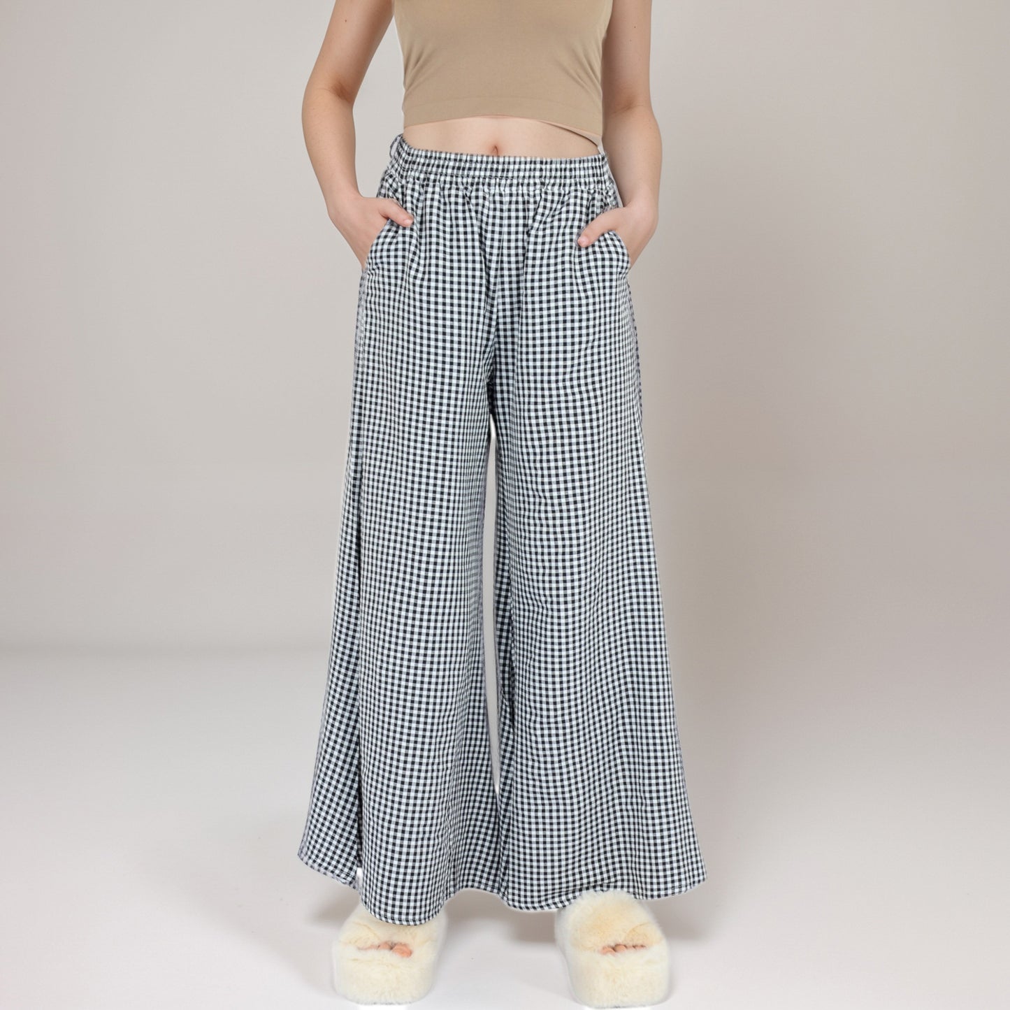 Gingham Wide Leg Lounge Pants with Elastic Waistband Side Pockets and Soft Draped Full-Length Fit