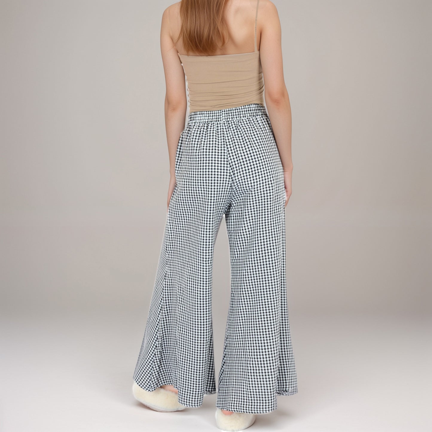 Gingham Wide Leg Lounge Pants with Elastic Waistband Side Pockets and Soft Draped Full-Length Fit