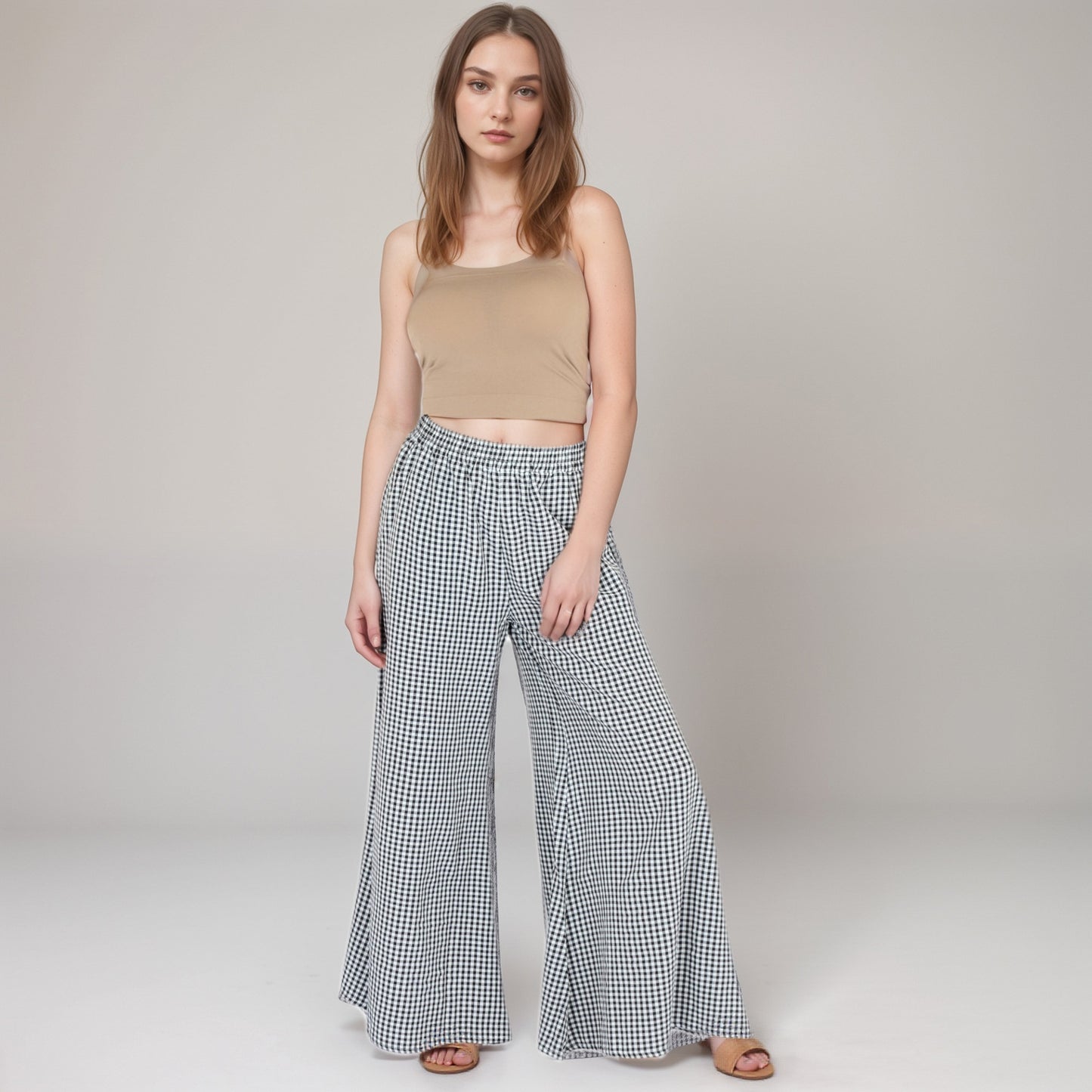 Gingham Wide Leg Lounge Pants with Elastic Waistband Side Pockets and Soft Draped Full-Length Fit