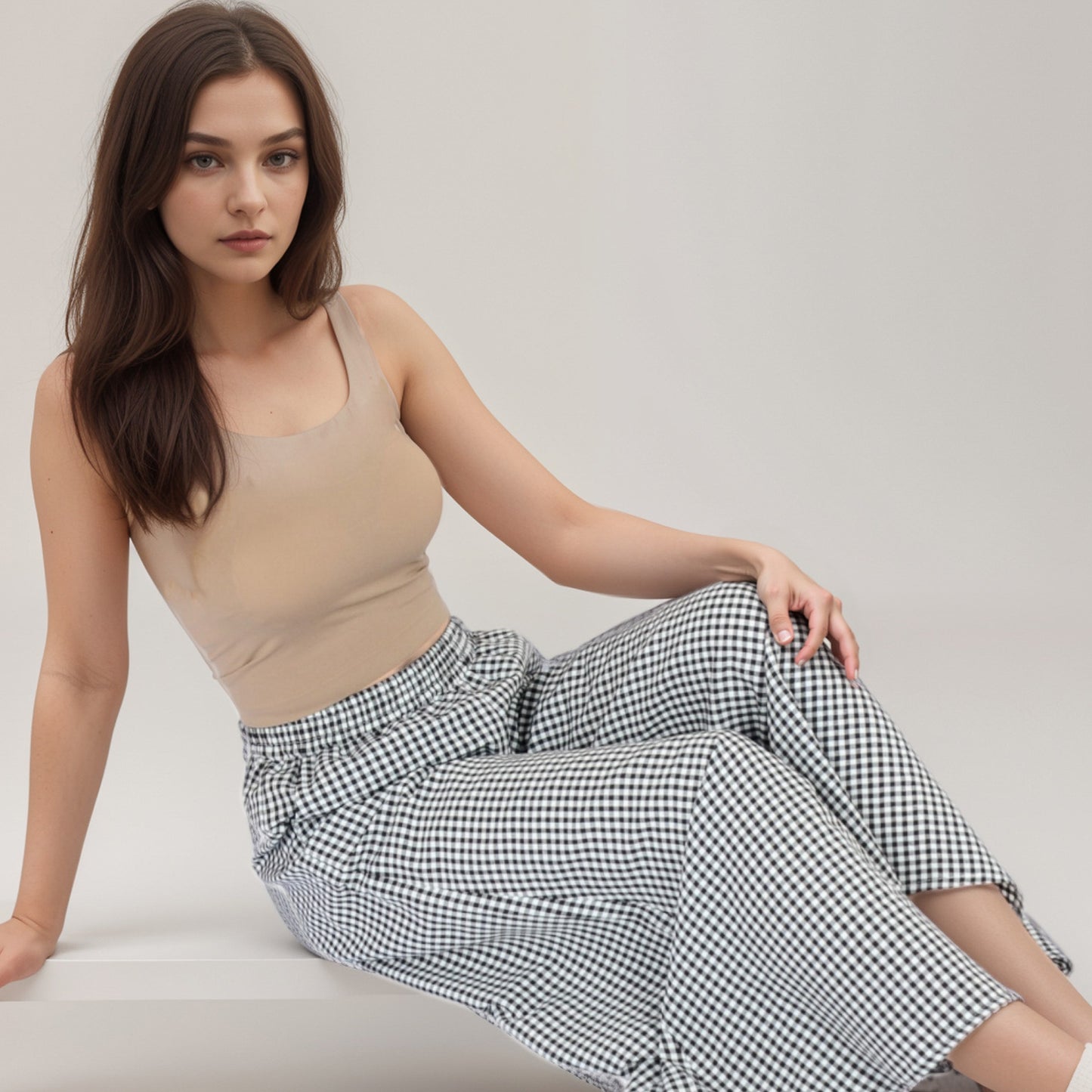 Gingham Wide Leg Lounge Pants with Elastic Waistband Side Pockets and Soft Draped Full-Length Fit