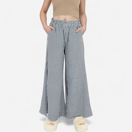 Gingham Wide Leg Lounge Pants with Elastic Waistband Side Pockets and Soft Draped Full-Length Fit