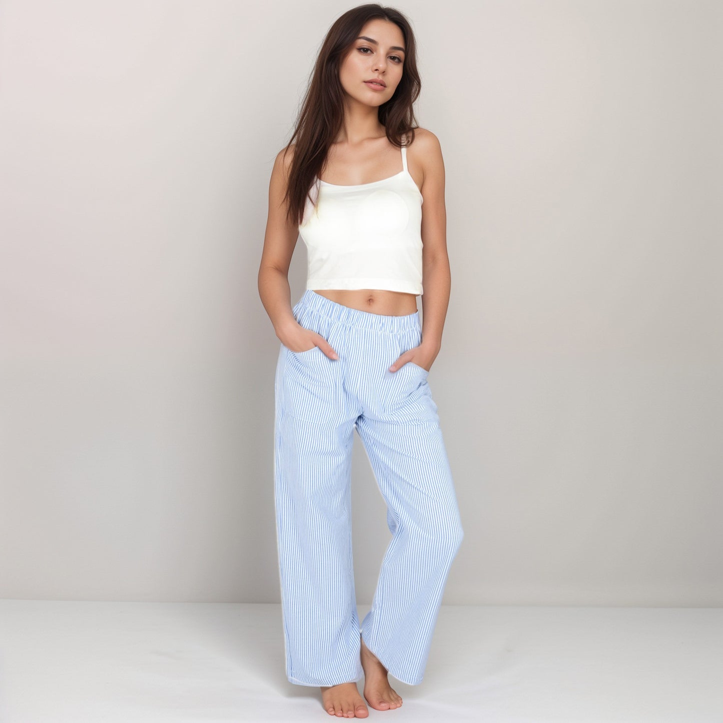 Pink Pinstripe Lounge Pants with Elastic Waistband Large Front Patch Pockets and Relaxed Straight Leg Fit