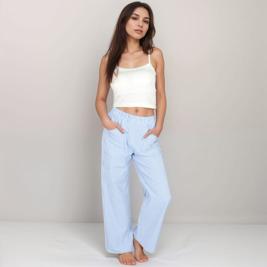 Pink Pinstripe Lounge Pants with Elastic Waistband Large Front Patch Pockets and Relaxed Straight Leg Fit